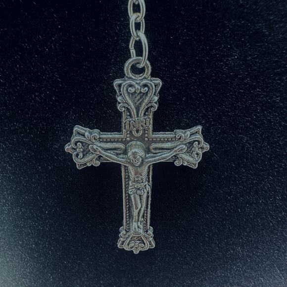 Vintage Black Iridescent Glass Bead Rosary, Catholic Prayer Beads, Crucifix - Picture 3 of 9